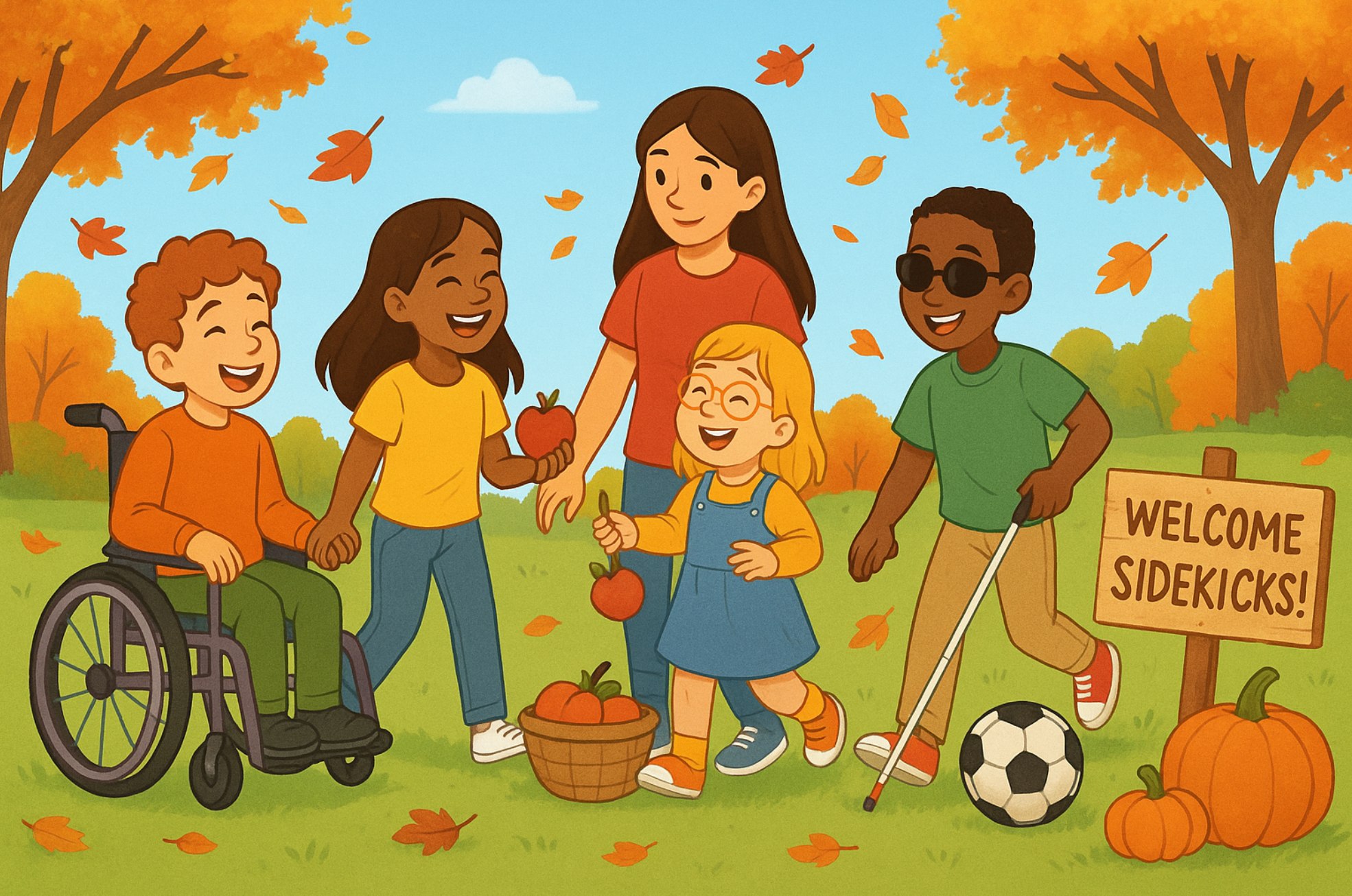 Children with disabilities and volunteers playing in an autumn setting