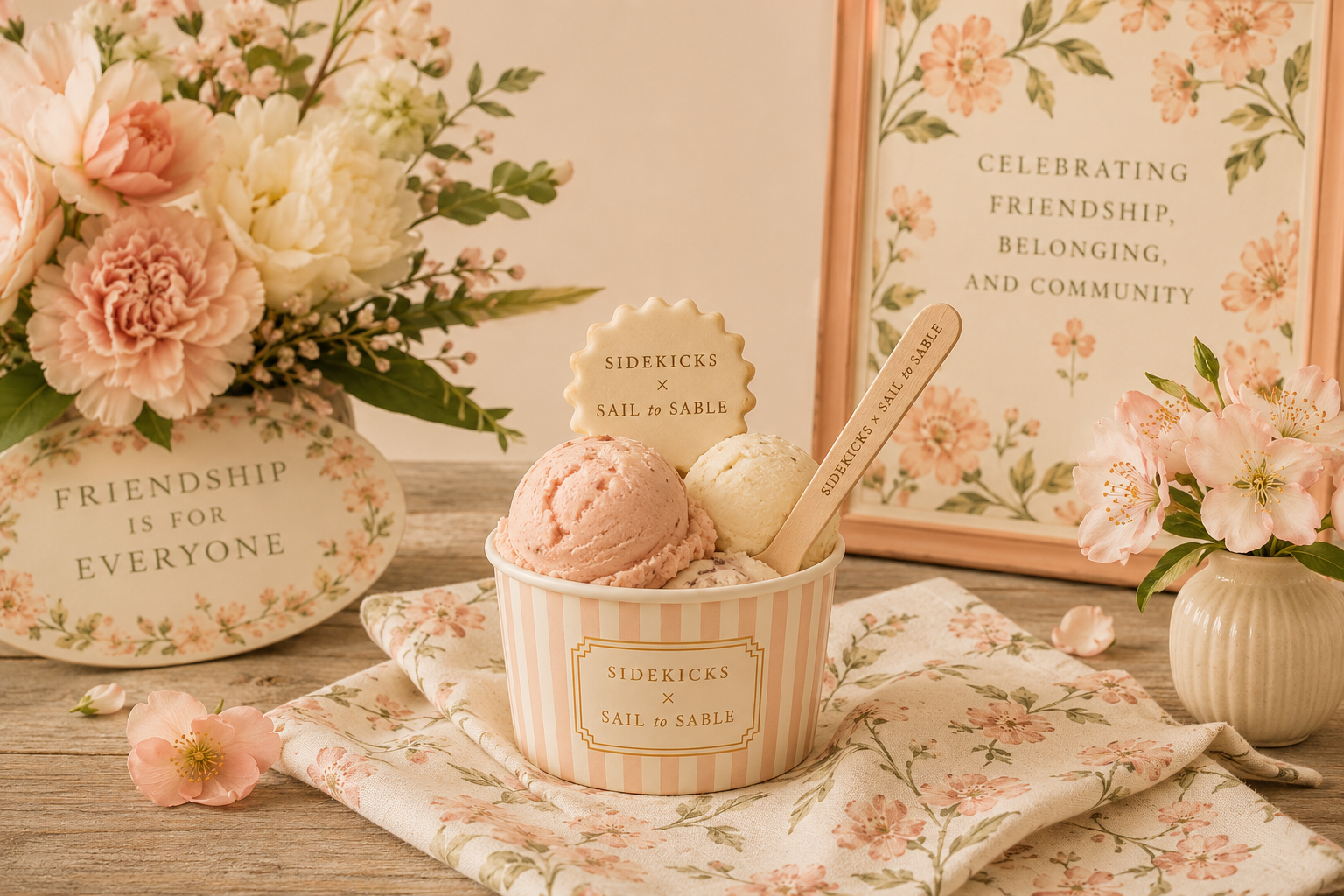 Sidekicks x Sail to Sable ice cream cup surrounded by pink flowers